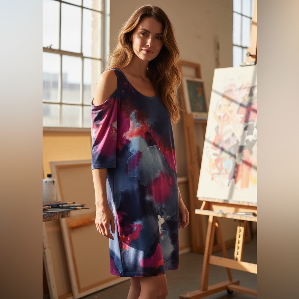 Clara Sun Woo Cold-Shoulder Abstract Print Dress in Navy & Fuchsia